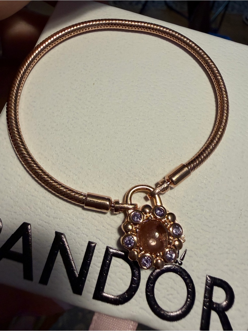 Pandora Moments Rose GP Radiating Gem Locket Snake Bracelet